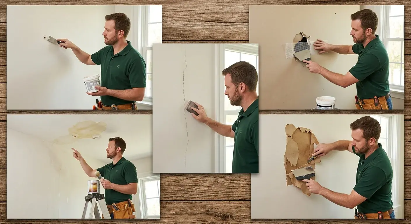 A collage showing five different types of drywall damage: a small nail hole, a large puncture, a hairline crack, a yellow water stain, and a section with torn paper.