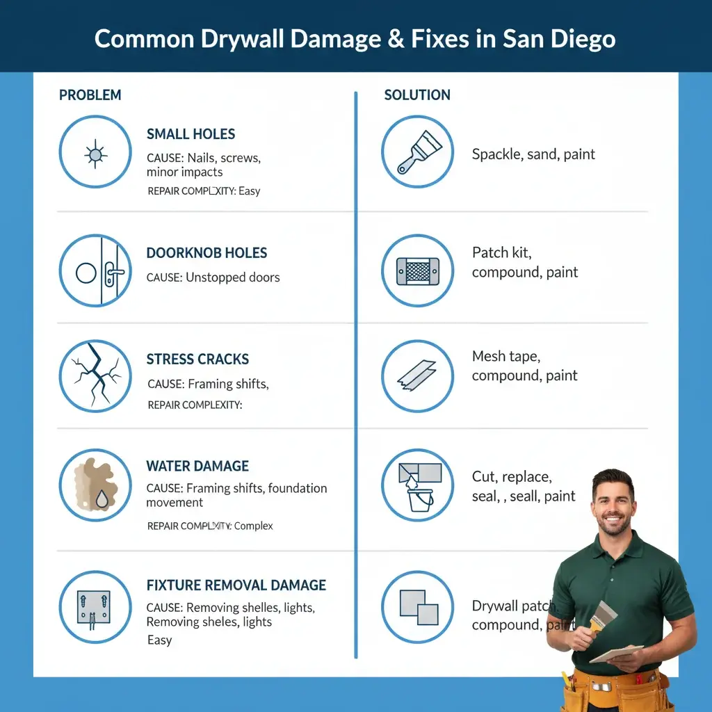 An infographic comparing five common drywall damage types, their typical causes, and the repair complexity for each.