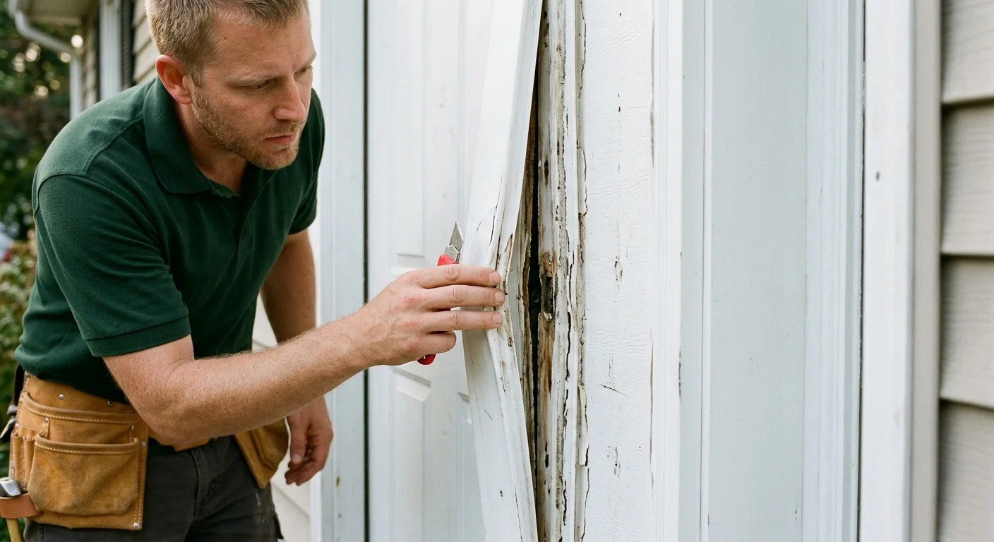 Damaged vinyl door frame with loose trim and visible gaps