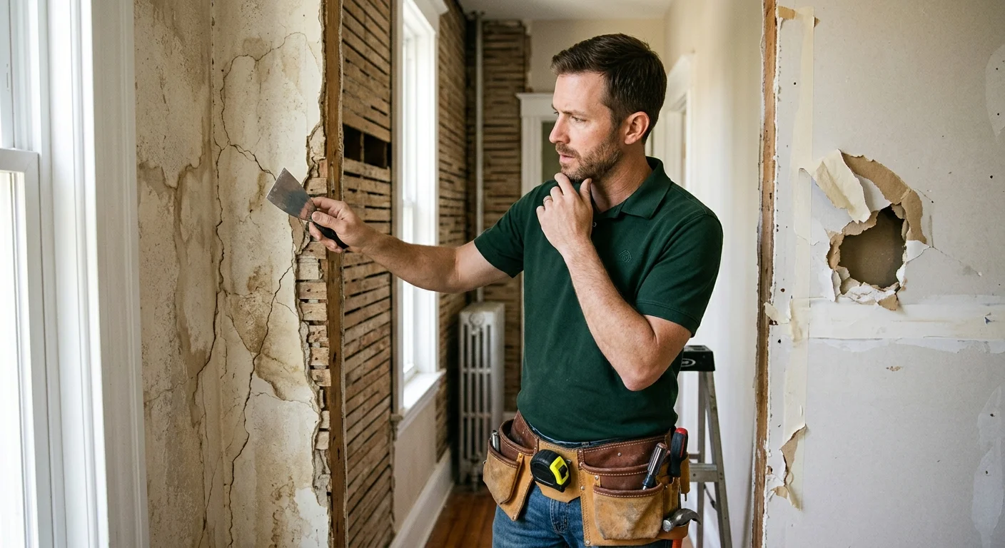 Homeowner examining plaster and drywall damage