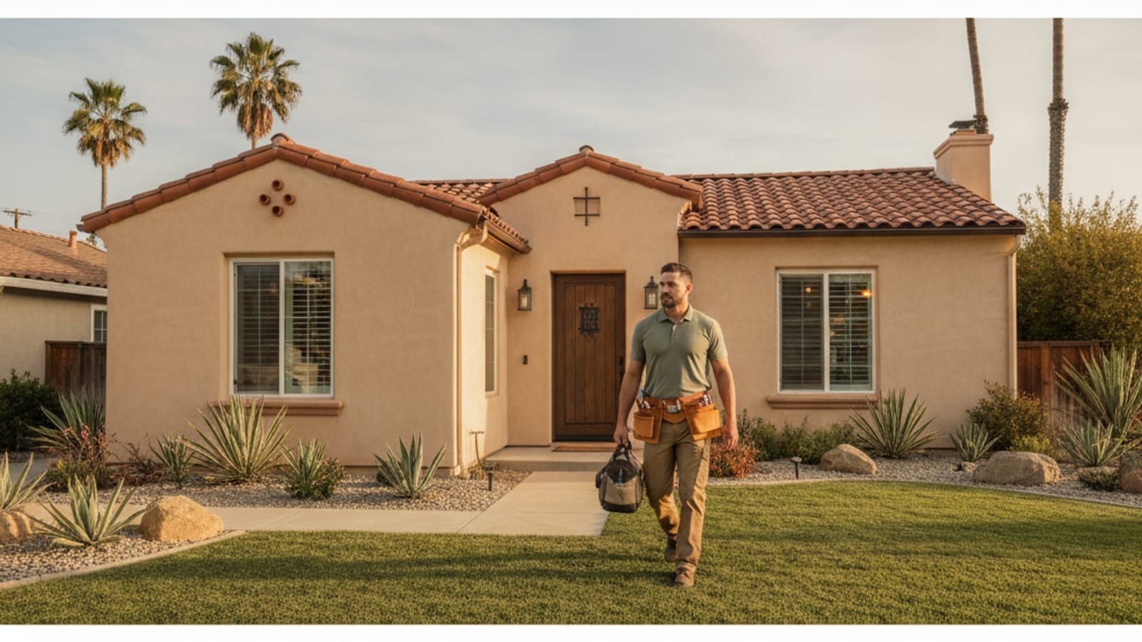 A handyman in a work polo carrying a tool bag walking up to the front door of a single-story San Diego stucco home in warm afternoon light