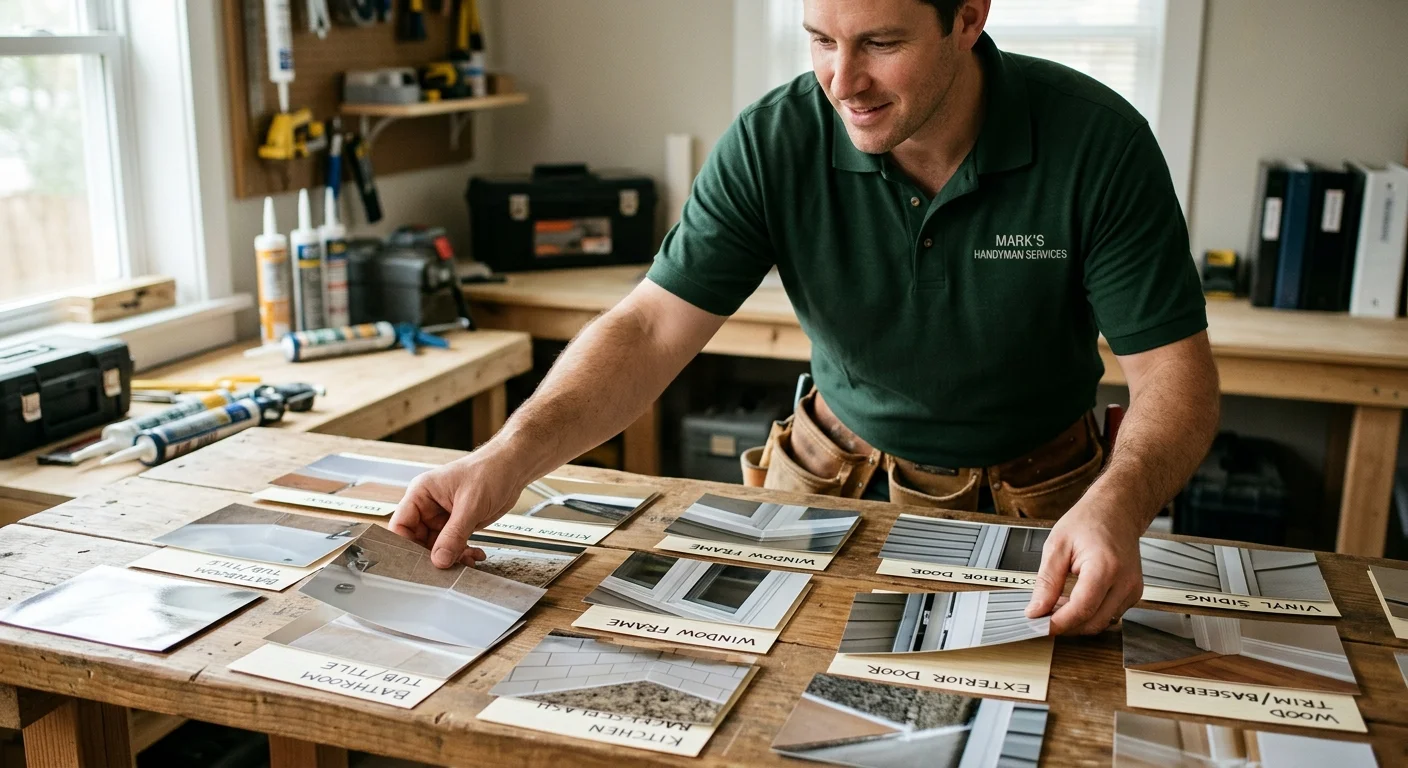 A homeowner organizing photos of caulking joints throughout a home