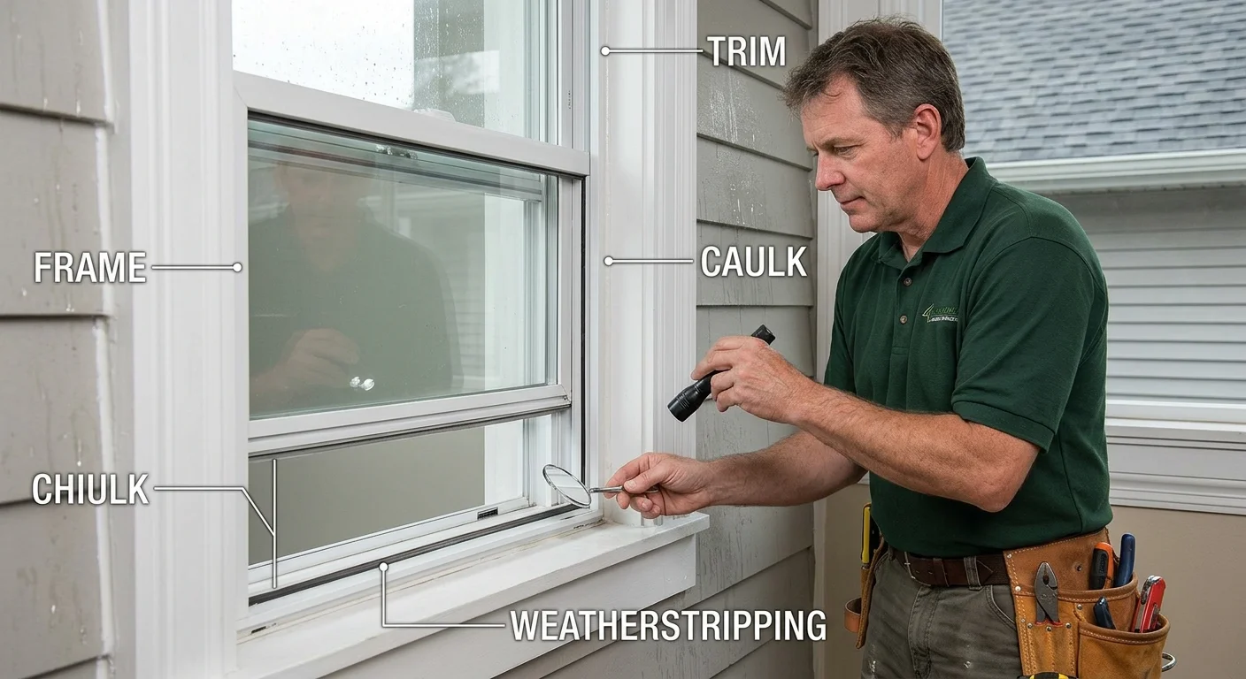 Window edge showing caulk, weatherstripping, trim, and frame areas