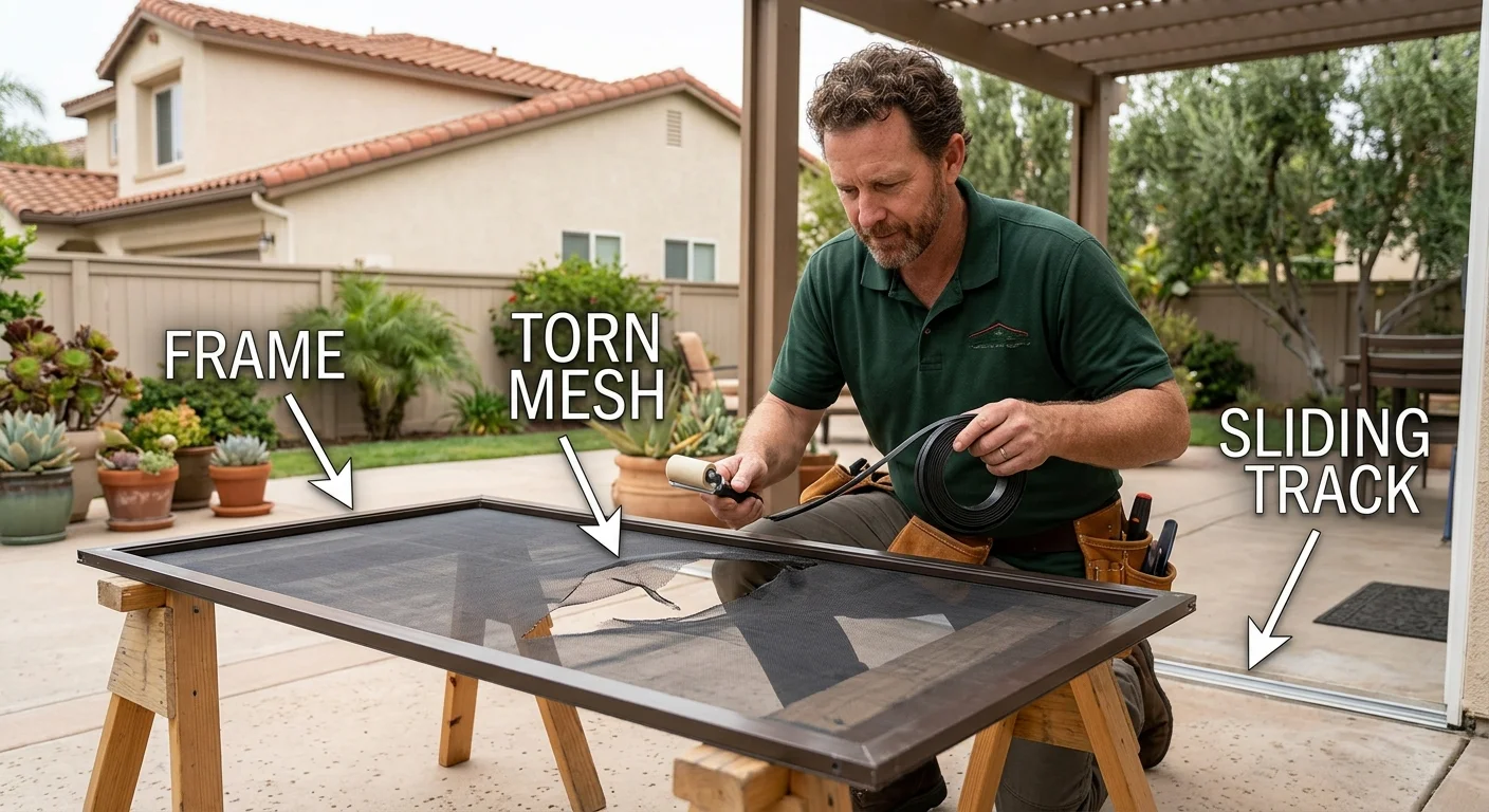 Torn patio and window screens with frames and tracks in Rancho Peñasquitos