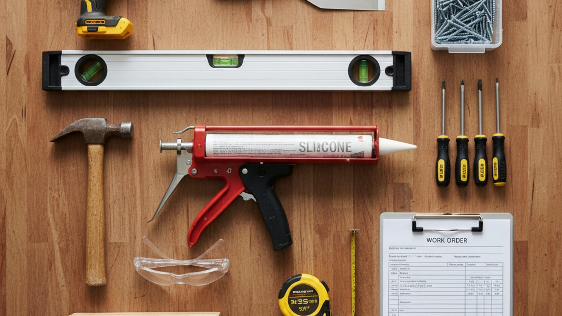 Overhead flat-lay of professional HVAC service equipment including refrigerant gauges, multimeter, capacitors, and tools on a clean work surface