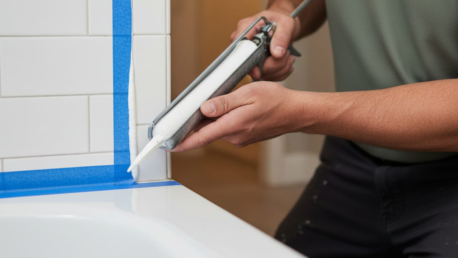 Close-up of a fresh white silicone caulk bead along the joint between a bathtub and white tile, smooth and clean