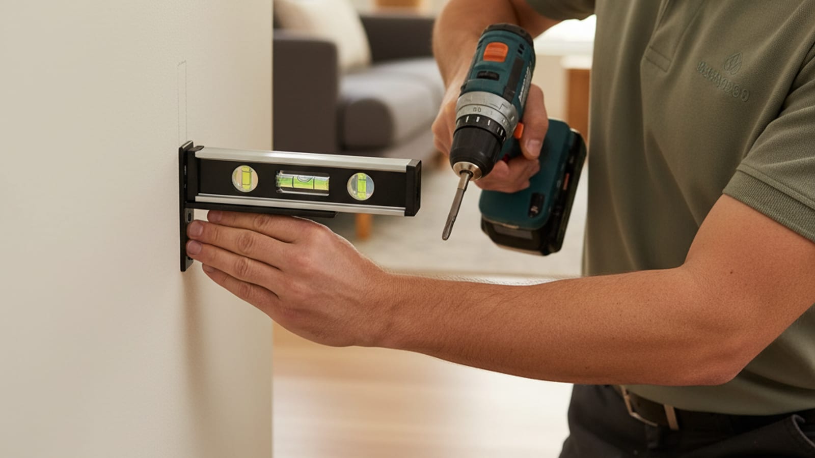 Homeowner using a drill to drive a screw into a stud through a shelf bracket mounted on a living room wall
