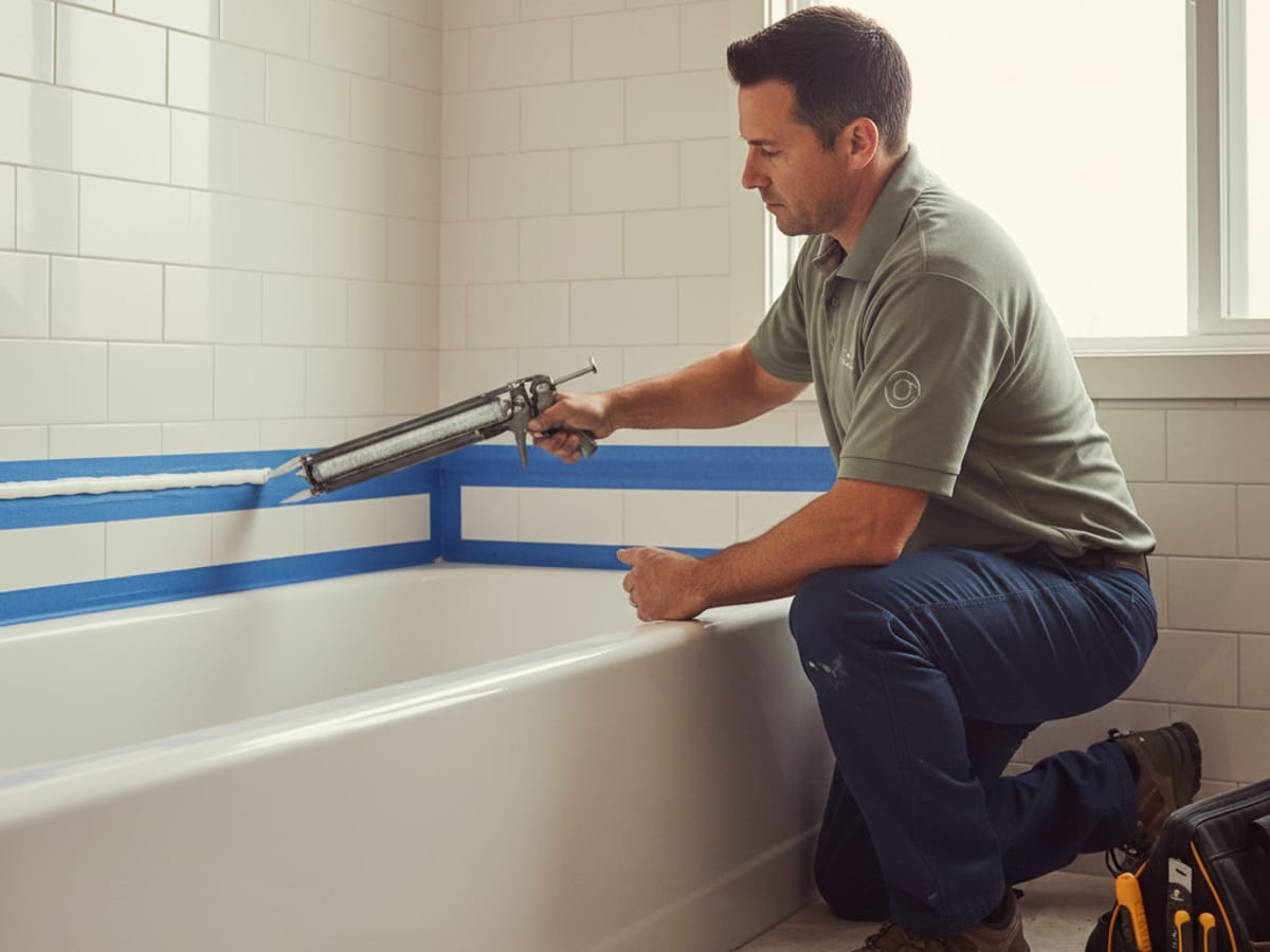 Handyman applying silicone caulk along a shower-to-tile joint in a San Diego bathroom