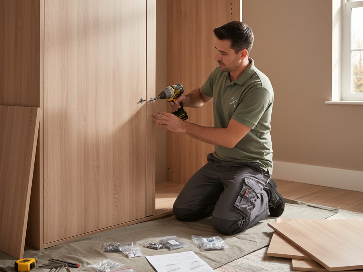 Handyman assembling a bed frame in a San Diego bedroom
