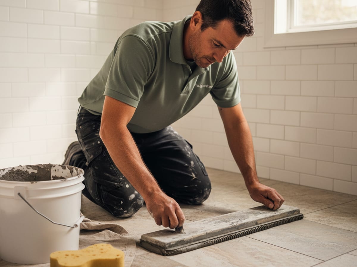 Handyman replacing a cracked floor tile in a San Diego bathroom